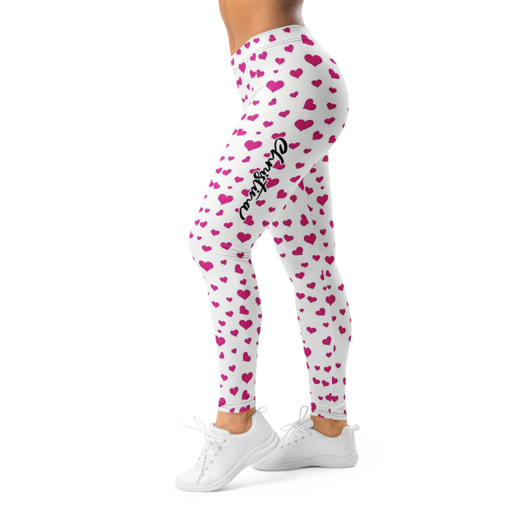 Personalisierte Damen Sportleggings Herzen Muster Weiß Pink Fitness Yoga Leggings J659