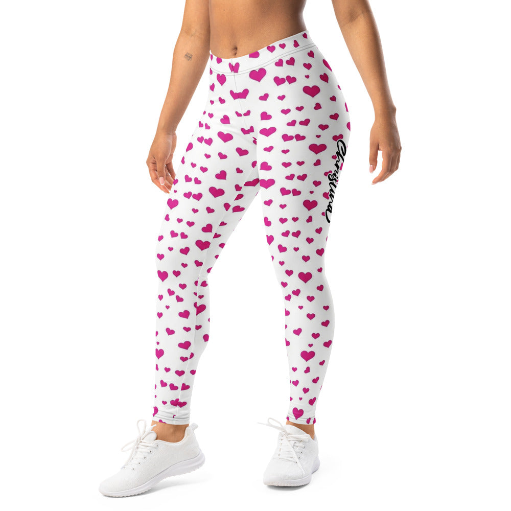 Personalisierte Damen Sportleggings Herzen Muster Weiß Pink Fitness Yoga Leggings J659
