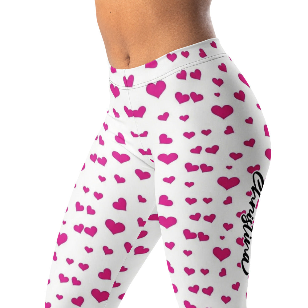Personalisierte Damen Sportleggings Herzen Muster Weiß Pink Fitness Yoga Leggings J659
