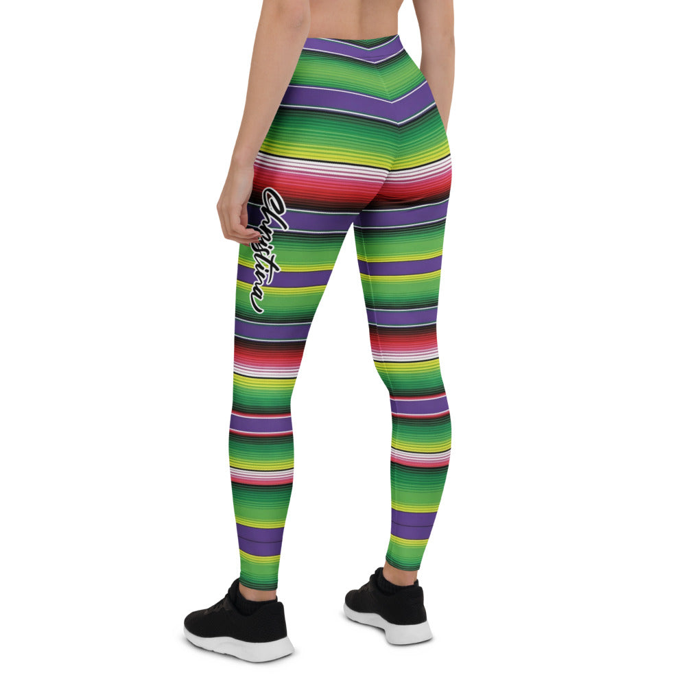 Personalisierte Damen Sportleggings Mexikanisches Serape Muster Bunt Gestreift Fitness Yoga Leggings C956