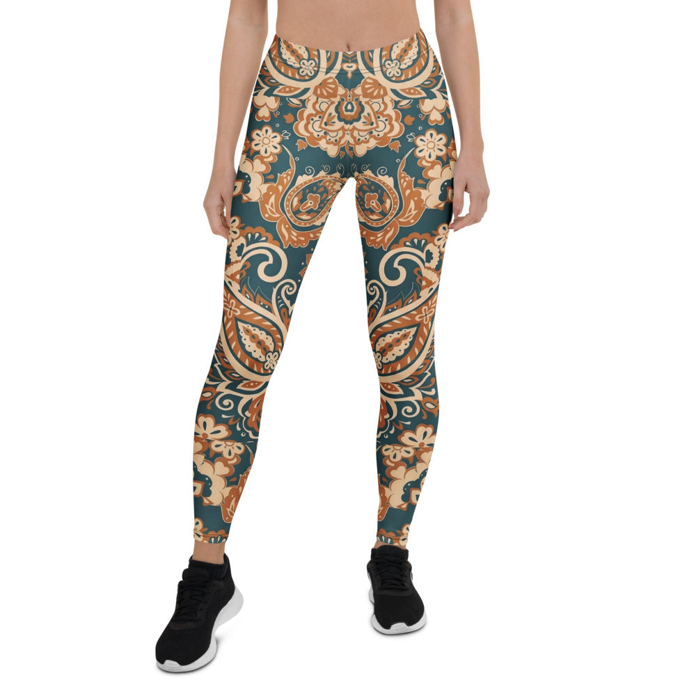 Personalisierte Damen Sportleggings Paisley Muster Petrol Orange Boho Style Fitness Yoga Leggings Q413