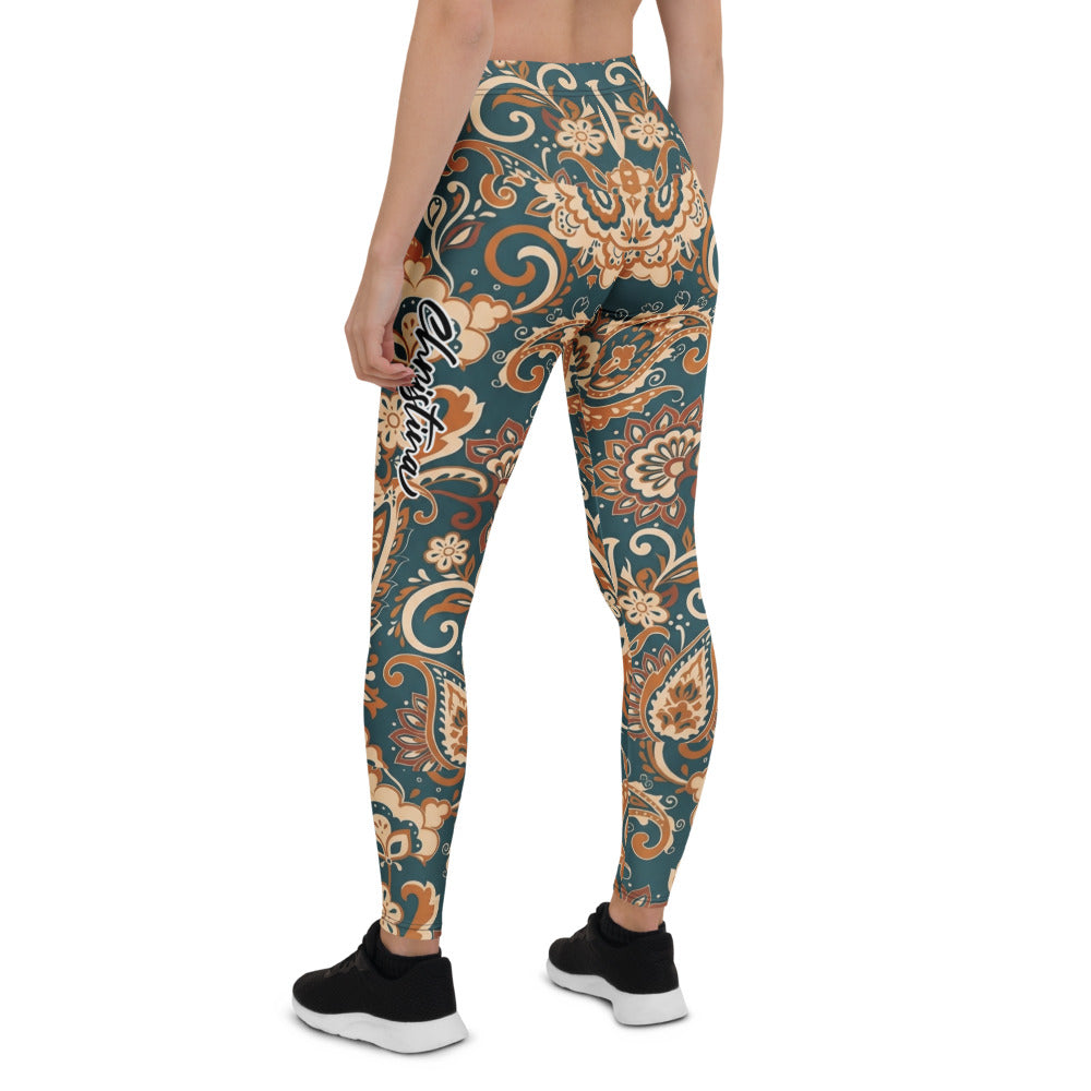 Personalisierte Damen Sportleggings Paisley Muster Petrol Orange Boho Style Fitness Yoga Leggings Q413