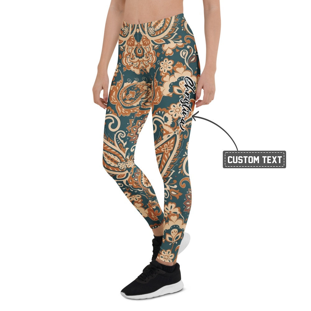 Personalisierte Damen Sportleggings Paisley Muster Petrol Orange Boho Style Fitness Yoga Leggings Q413 - XL