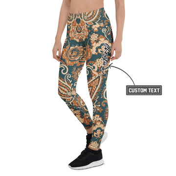 Personalisierte Damen Sportleggings Paisley Muster Petrol Orange Boho Style Fitness Yoga Leggings Q413 - XL