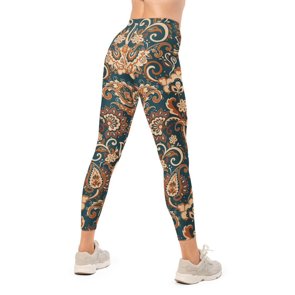 Personalisierte Damen Sportleggings Paisley Muster Petrol Orange Boho Style Fitness Yoga Leggings Q413