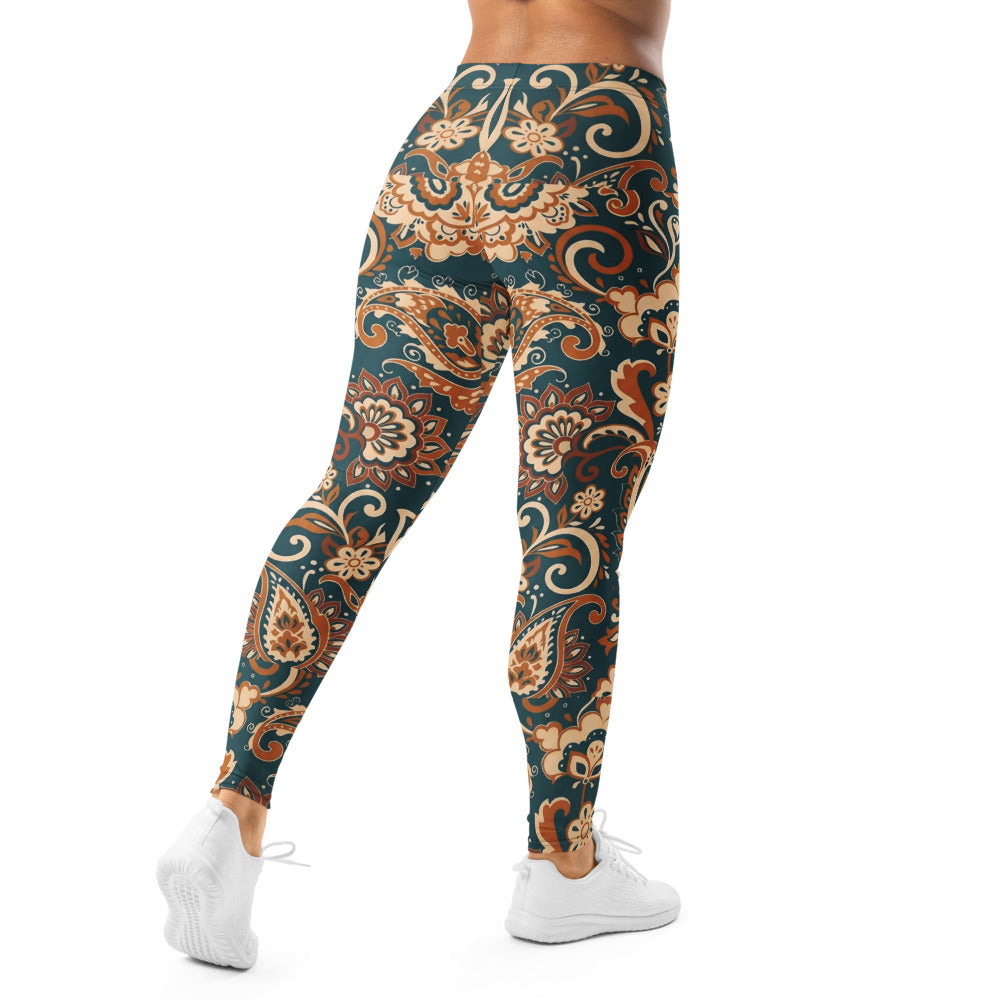 Personalisierte Damen Sportleggings Paisley Muster Petrol Orange Boho Style Fitness Yoga Leggings Q413