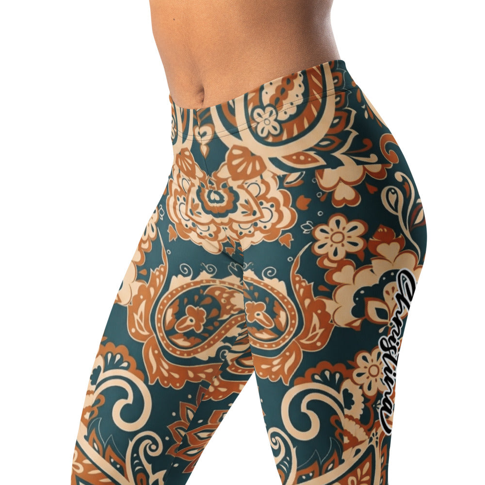 Personalisierte Damen Sportleggings Paisley Muster Petrol Orange Boho Style Fitness Yoga Leggings Q413