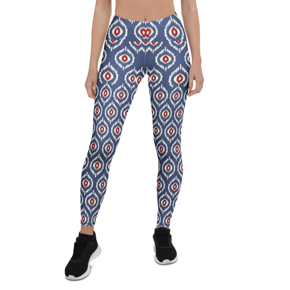 Personalisierte Damen Sportleggings Geometrisches Muster Blau Weiß Rot Fitness Yoga Leggings K632