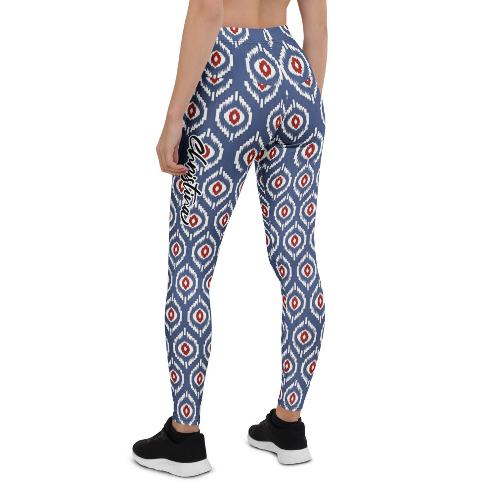 Personalisierte Damen Sportleggings Geometrisches Muster Blau Weiß Rot Fitness Yoga Leggings K632
