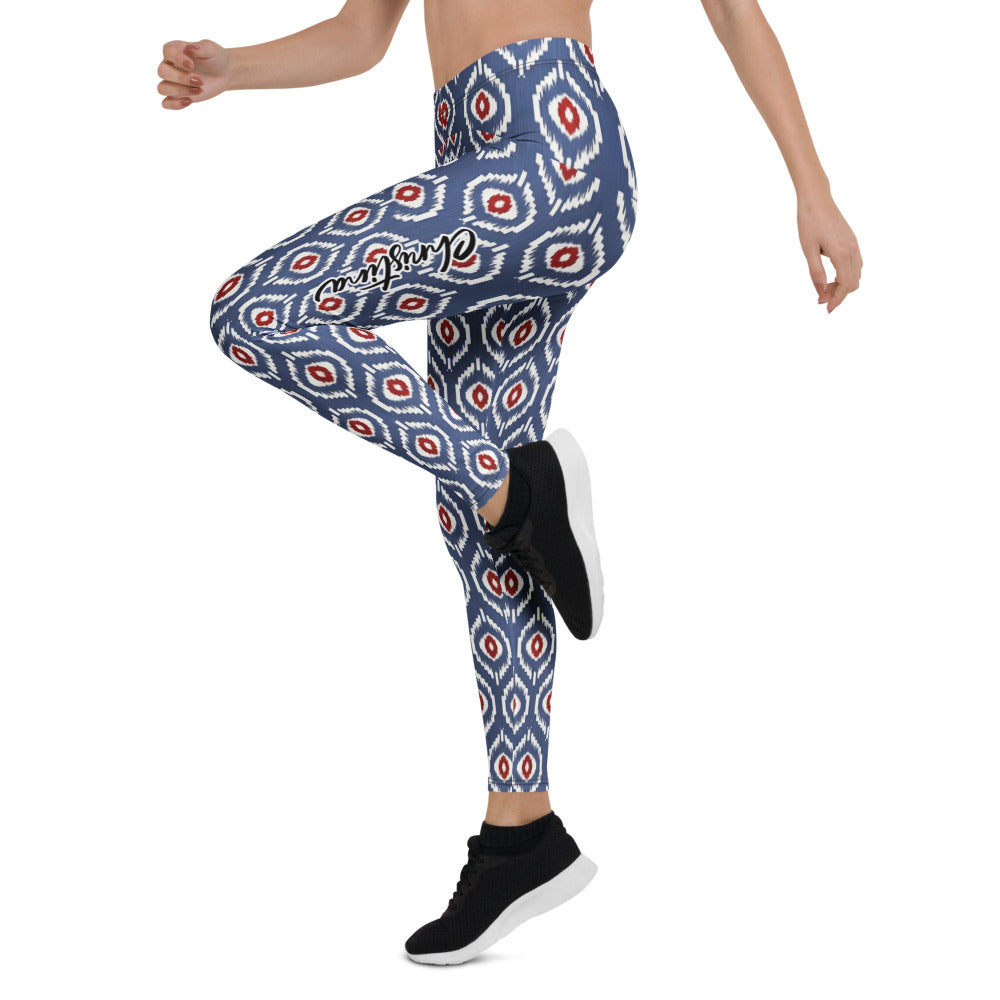 Personalisierte Damen Sportleggings Geometrisches Muster Blau Weiß Rot Fitness Yoga Leggings K632