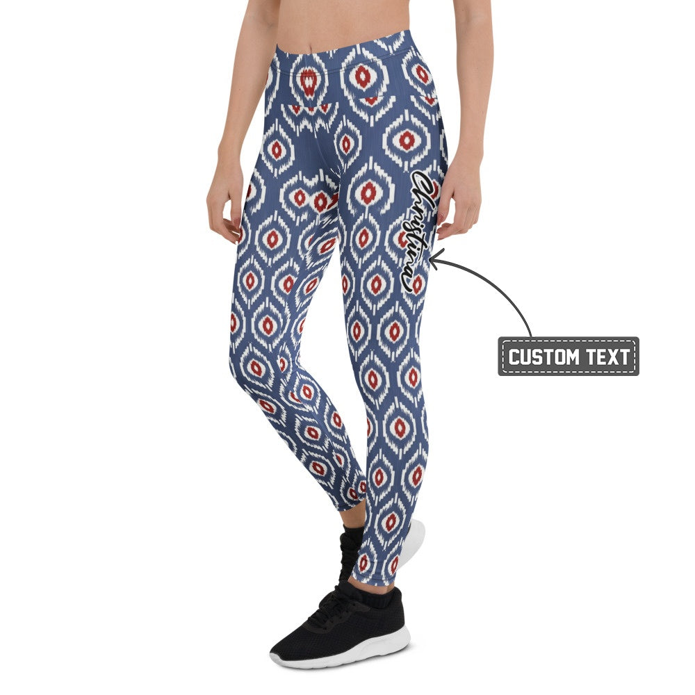 Personalisierte Damen Sportleggings Geometrisches Muster Blau Weiß Rot Fitness Yoga Leggings K632 - XL