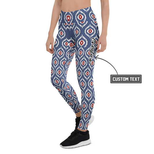 Personalisierte Damen Sportleggings Geometrisches Muster Blau Weiß Rot Fitness Yoga Leggings K632 - XL