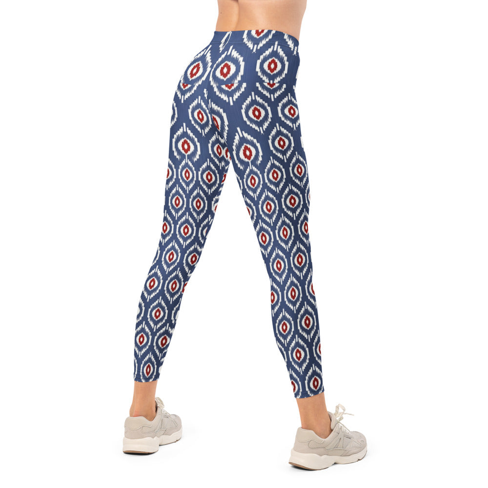 Personalisierte Damen Sportleggings Geometrisches Muster Blau Weiß Rot Fitness Yoga Leggings K632
