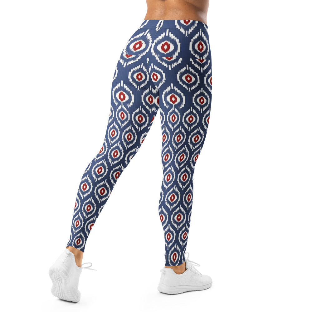 Personalisierte Damen Sportleggings Geometrisches Muster Blau Weiß Rot Fitness Yoga Leggings K632