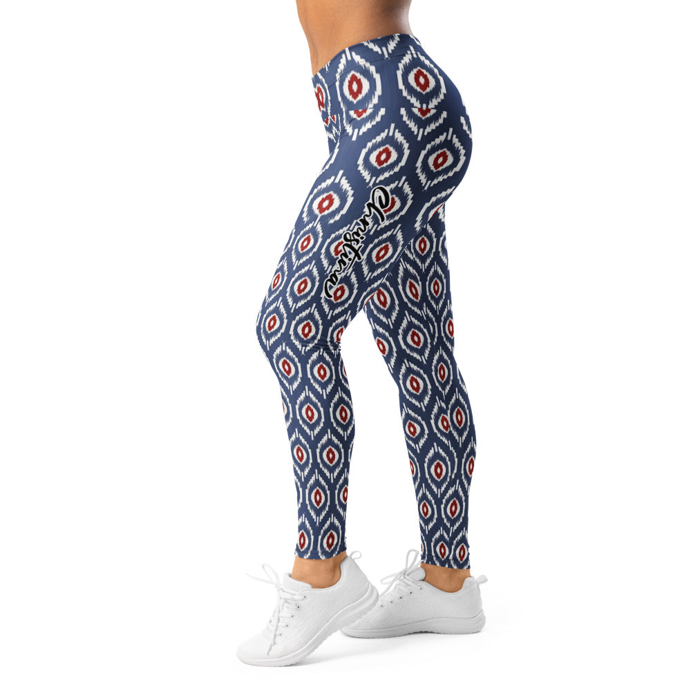 Personalisierte Damen Sportleggings Geometrisches Muster Blau Weiß Rot Fitness Yoga Leggings K632