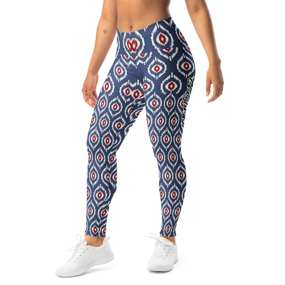 Personalisierte Damen Sportleggings Geometrisches Muster Blau Weiß Rot Fitness Yoga Leggings K632
