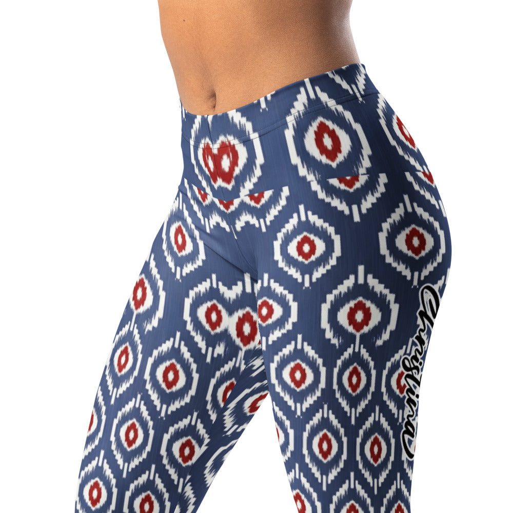 Personalisierte Damen Sportleggings Geometrisches Muster Blau Weiß Rot Fitness Yoga Leggings K632