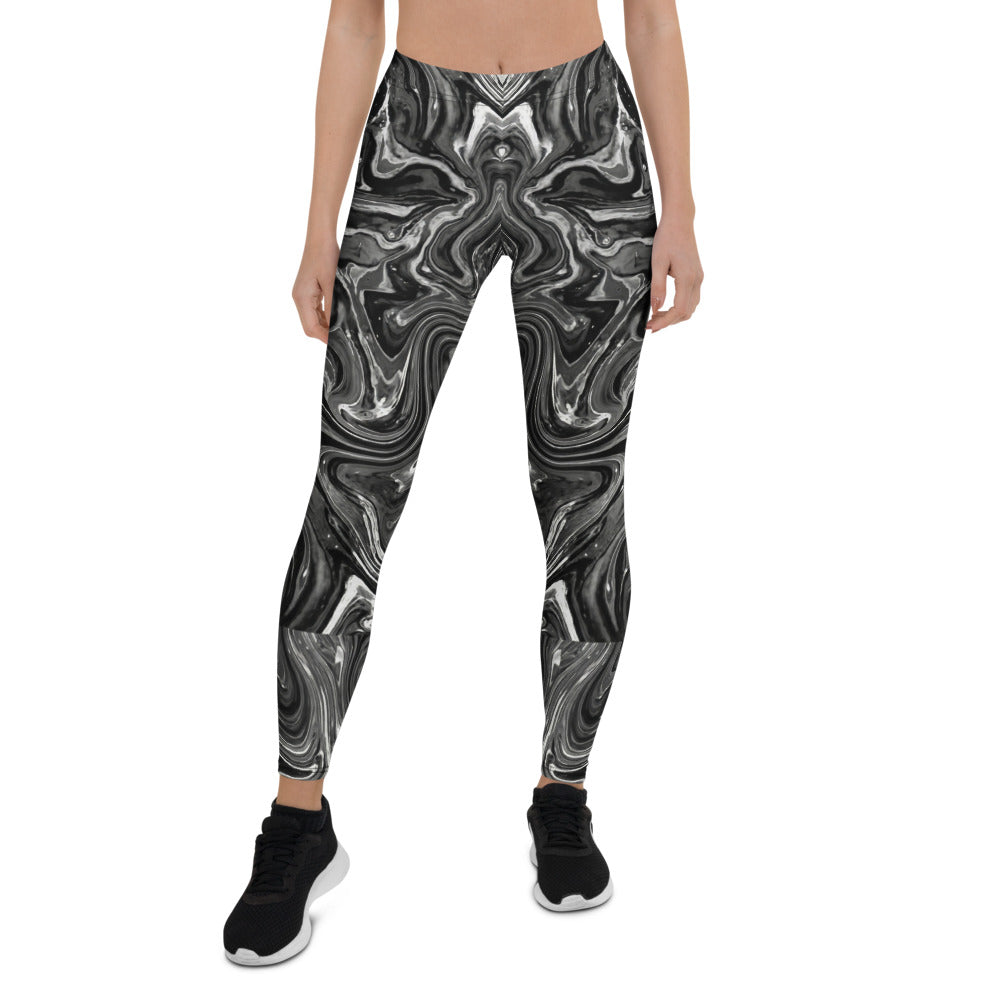 Personalisierte Sportleggings Damen Marmor Optik Schwarz Weiß Fitness Yoga Leggings Abstrakt J279