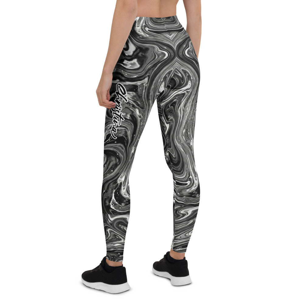 Personalisierte Sportleggings Damen Marmor Optik Schwarz Weiß Fitness Yoga Leggings Abstrakt J279