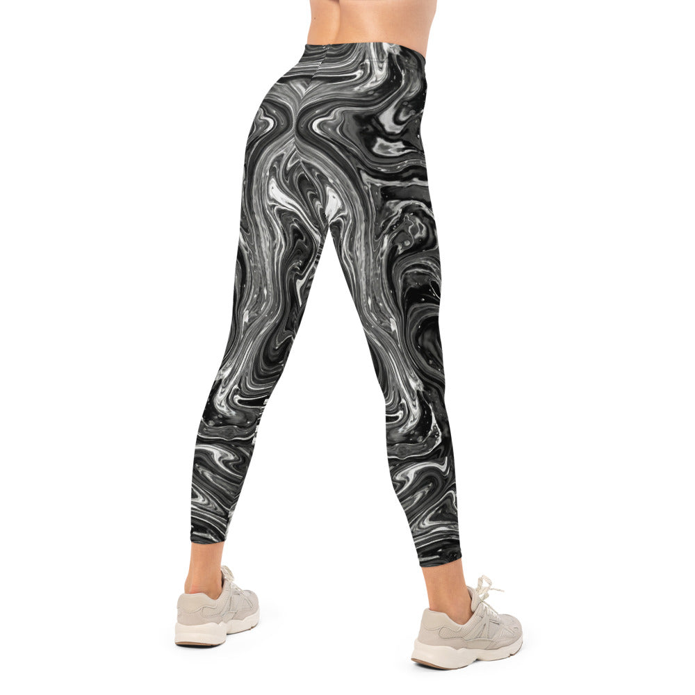 Personalisierte Sportleggings Damen Marmor Optik Schwarz Weiß Fitness Yoga Leggings Abstrakt J279