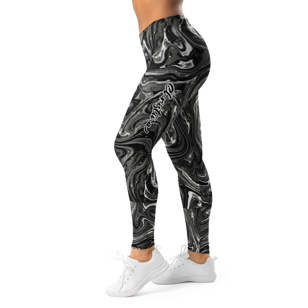 Personalisierte Sportleggings Damen Marmor Optik Schwarz Weiß Fitness Yoga Leggings Abstrakt J279