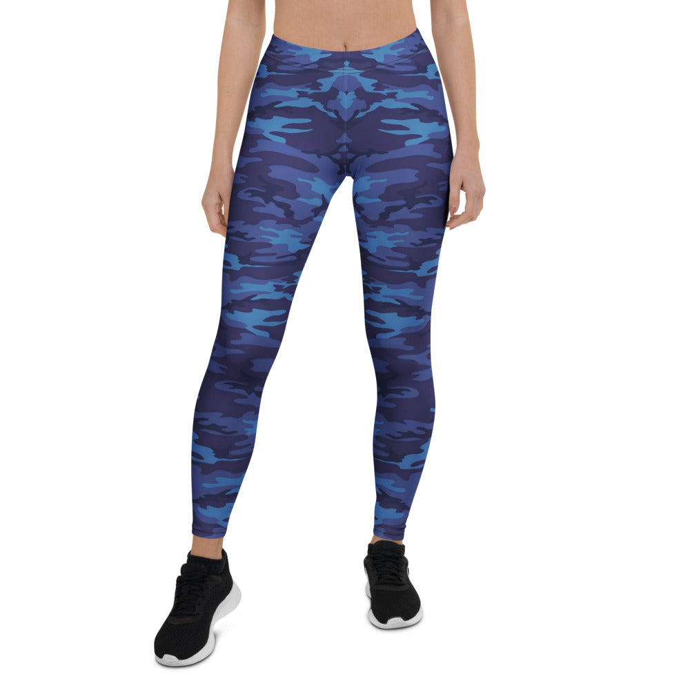 Personalisierte Damen Sportleggings Camouflage Blau Fitness Leggings Yoga Hose Tarnmuster Dunkelblau R096