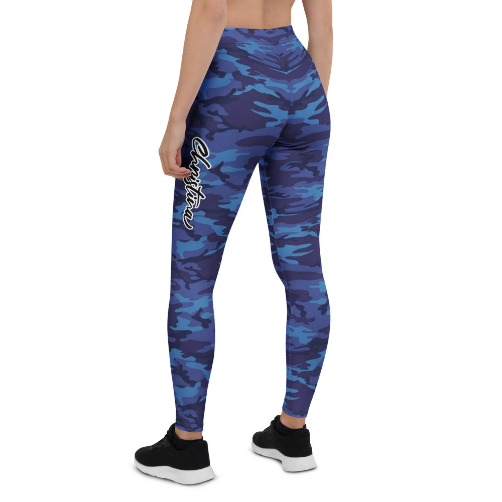 Personalisierte Damen Sportleggings Camouflage Blau Fitness Leggings Yoga Hose Tarnmuster Dunkelblau R096