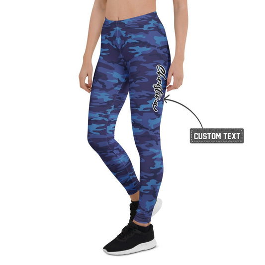 Personalisierte Damen Sportleggings Camouflage Blau Fitness Leggings Yoga Hose Tarnmuster Dunkelblau R096 - XL