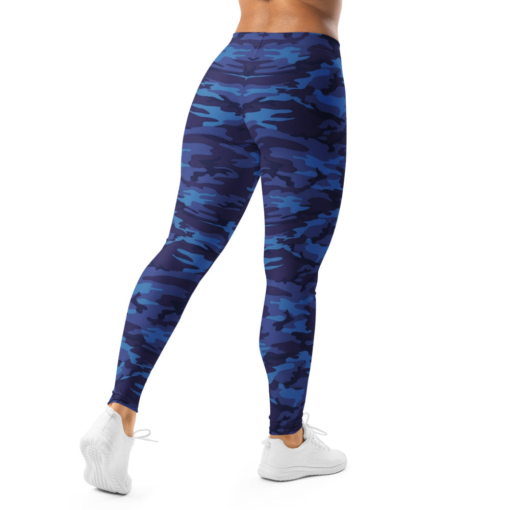 Personalisierte Damen Sportleggings Camouflage Blau Fitness Leggings Yoga Hose Tarnmuster Dunkelblau R096