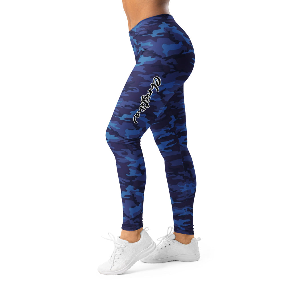 Personalisierte Damen Sportleggings Camouflage Blau Fitness Leggings Yoga Hose Tarnmuster Dunkelblau R096