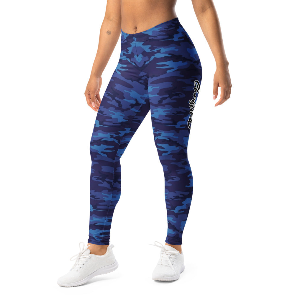 Personalisierte Damen Sportleggings Camouflage Blau Fitness Leggings Yoga Hose Tarnmuster Dunkelblau R096