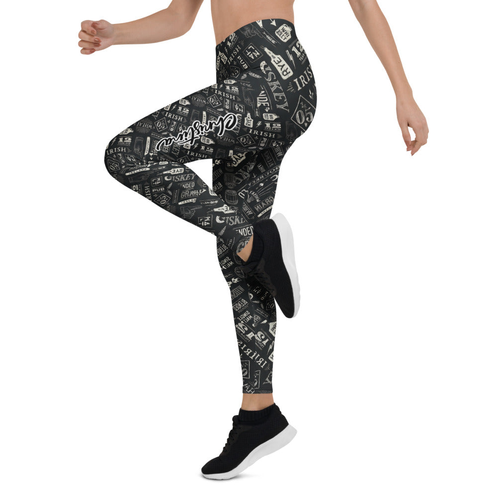 Personalisierte Damen Sportleggings Whiskey Design Schwarz Weiß Irish Pub Motiv Fitness Leggings T733