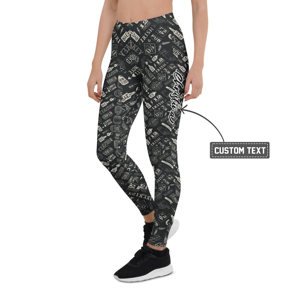 Personalisierte Damen Sportleggings Whiskey Design Schwarz Weiß Irish Pub Motiv Fitness Leggings T733 - XL