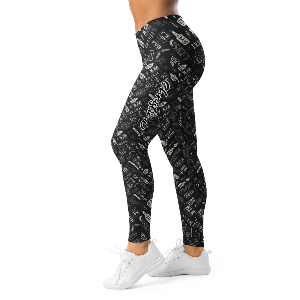 Personalisierte Damen Sportleggings Whiskey Design Schwarz Weiß Irish Pub Motiv Fitness Leggings T733