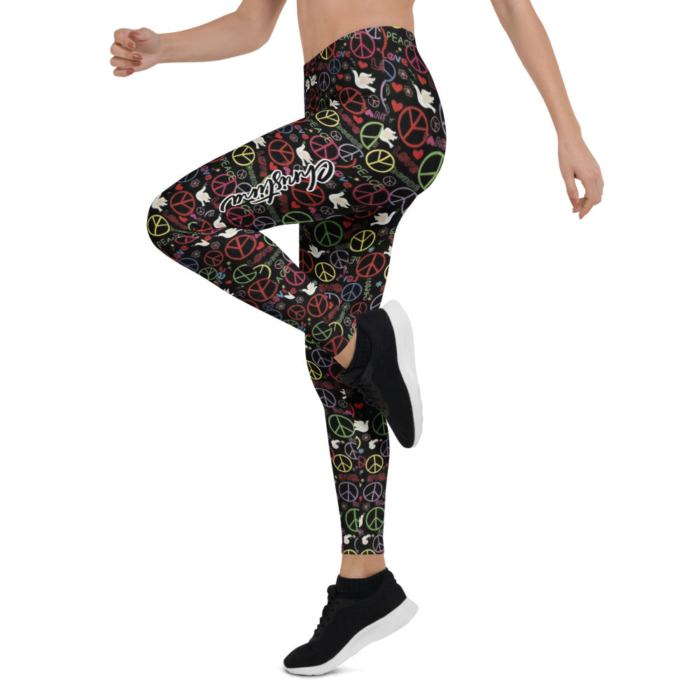 Personalisierte Damen Sportleggings Peace Zeichen & Friedenstauben Muster Schwarz Bunt Fitness Yoga Leggings C933