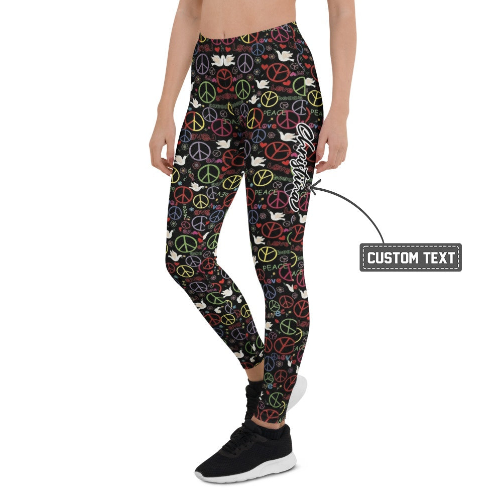 Personalisierte Damen Sportleggings Peace Zeichen & Friedenstauben Muster Schwarz Bunt Fitness Yoga Leggings C933 - XL