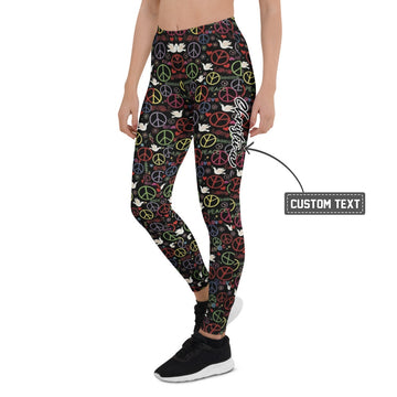 Personalisierte Damen Sportleggings Peace Zeichen & Friedenstauben Muster Schwarz Bunt Fitness Yoga Leggings C933 - XL