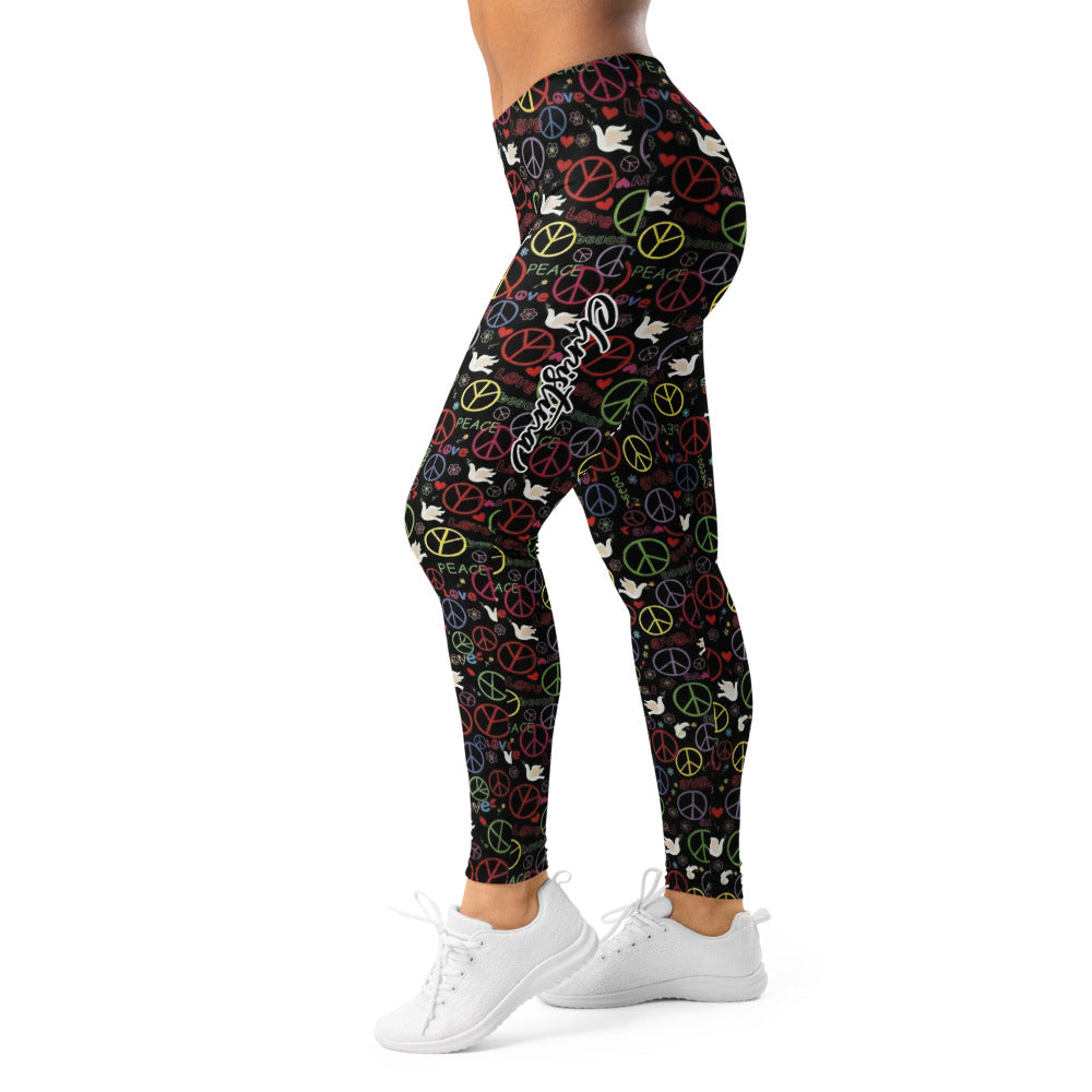 Personalisierte Damen Sportleggings Peace Zeichen & Friedenstauben Muster Schwarz Bunt Fitness Yoga Leggings C933
