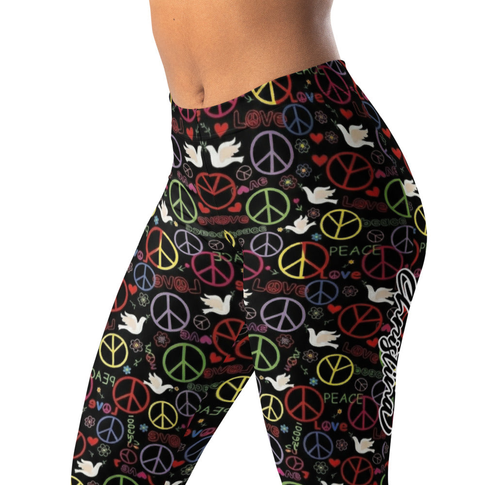 Personalisierte Damen Sportleggings Peace Zeichen & Friedenstauben Muster Schwarz Bunt Fitness Yoga Leggings C933