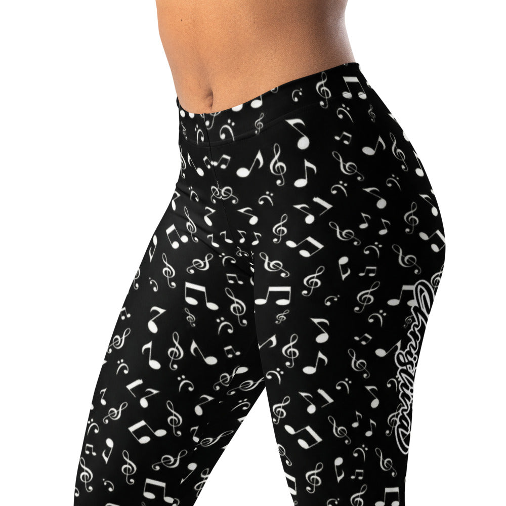 Personalisierte Damen Sportleggings Musiknoten Design Schwarz Weiß Fitness Yoga Leggings O408