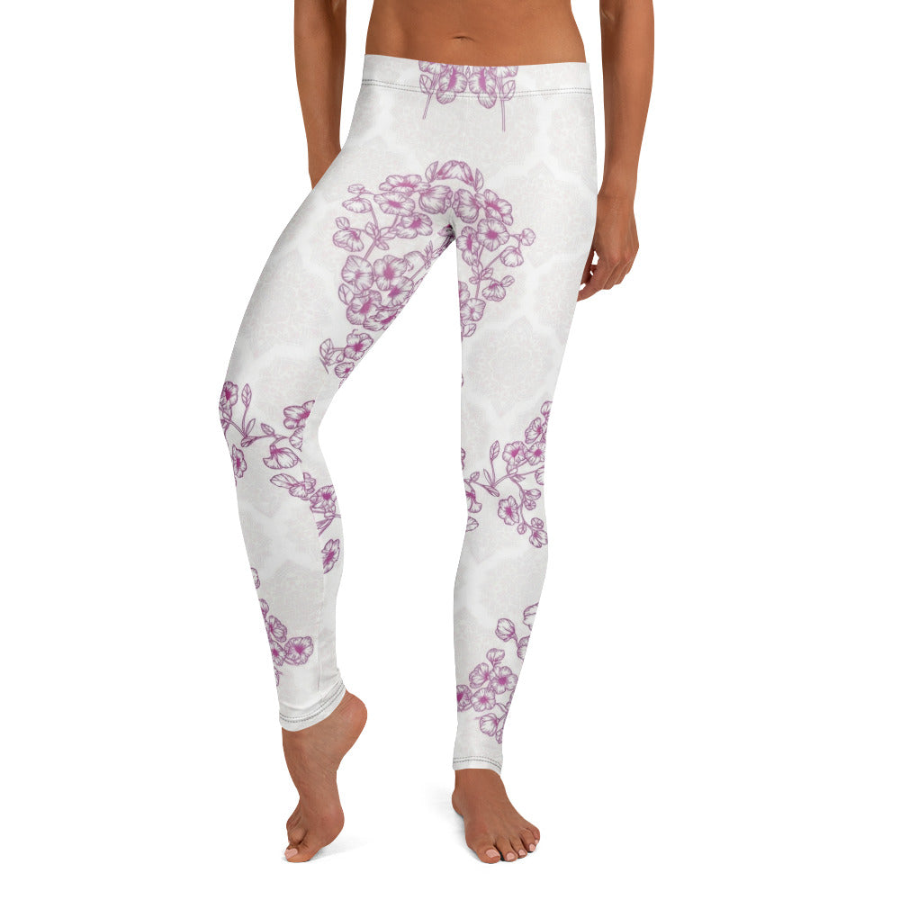 Personalisierte Damen Sportleggings Weiß Lila Blumenmuster Yoga Leggings Mandala Design Fitnesshose C511