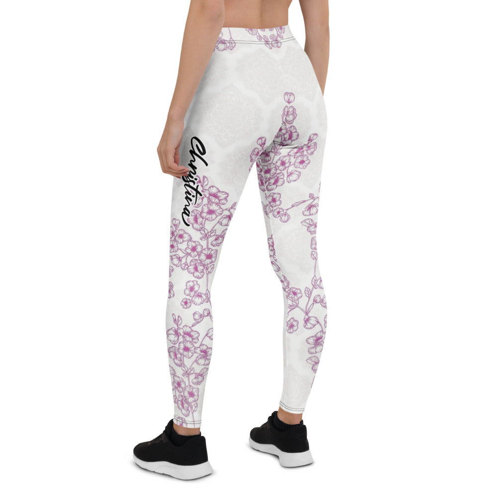 Personalisierte Damen Sportleggings Weiß Lila Blumenmuster Yoga Leggings Mandala Design Fitnesshose C511