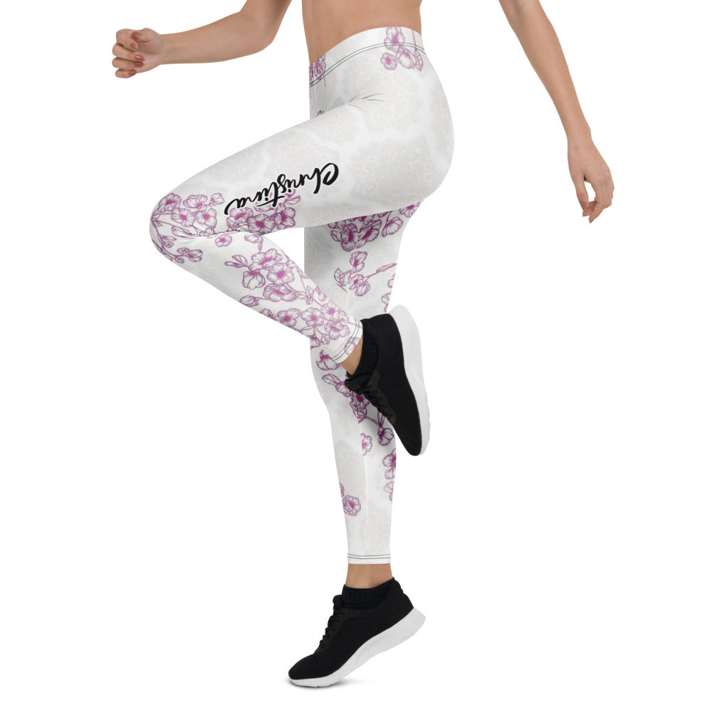Personalisierte Damen Sportleggings Weiß Lila Blumenmuster Yoga Leggings Mandala Design Fitnesshose C511