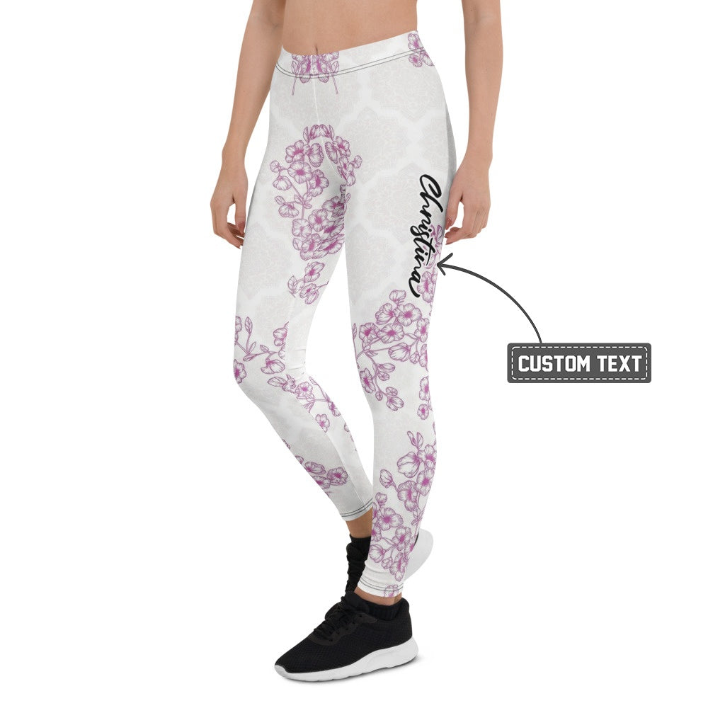 Personalisierte Damen Sportleggings Weiß Lila Blumenmuster Yoga Leggings Mandala Design Fitnesshose C511 - XL