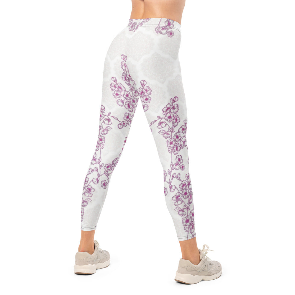 Personalisierte Damen Sportleggings Weiß Lila Blumenmuster Yoga Leggings Mandala Design Fitnesshose C511