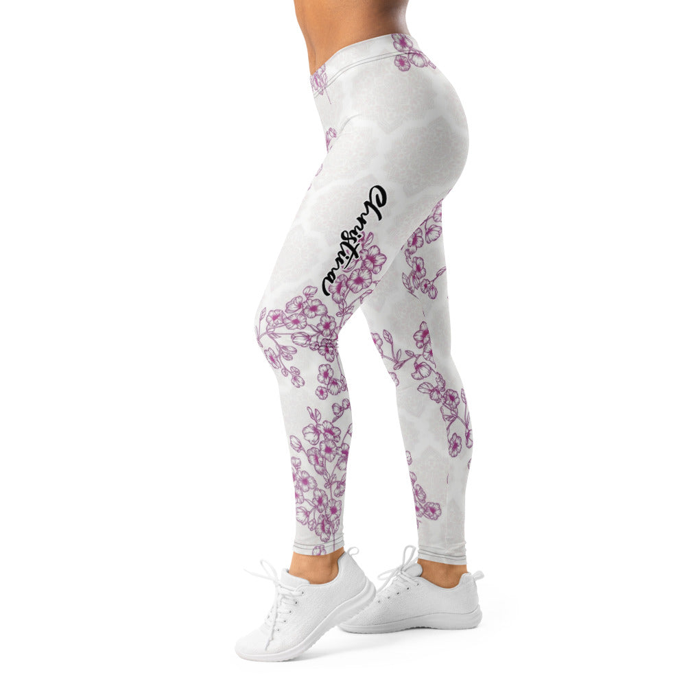 Personalisierte Damen Sportleggings Weiß Lila Blumenmuster Yoga Leggings Mandala Design Fitnesshose C511