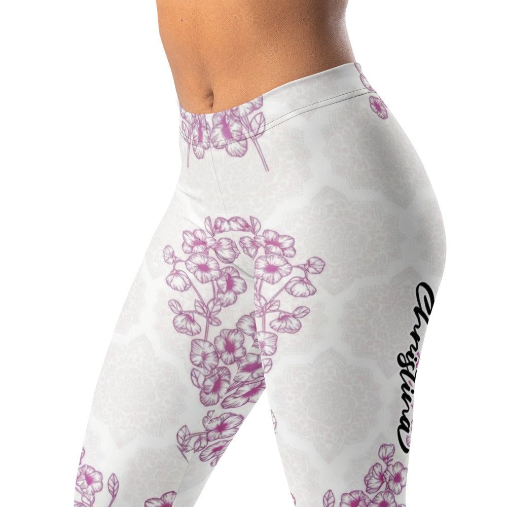 Personalisierte Damen Sportleggings Weiß Lila Blumenmuster Yoga Leggings Mandala Design Fitnesshose C511