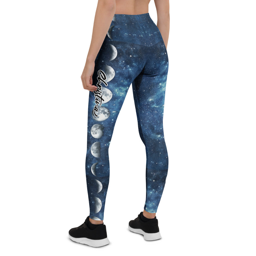 Personalisierte Damen Sportleggings Galaxy Design Blau Schwarz Weltraum Muster Fitness Leggings Mondphasen K921