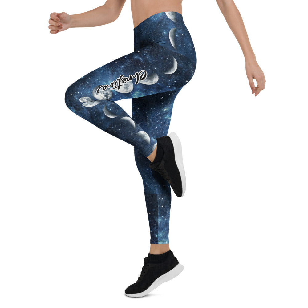 Personalisierte Damen Sportleggings Galaxy Design Blau Schwarz Weltraum Muster Fitness Leggings Mondphasen K921
