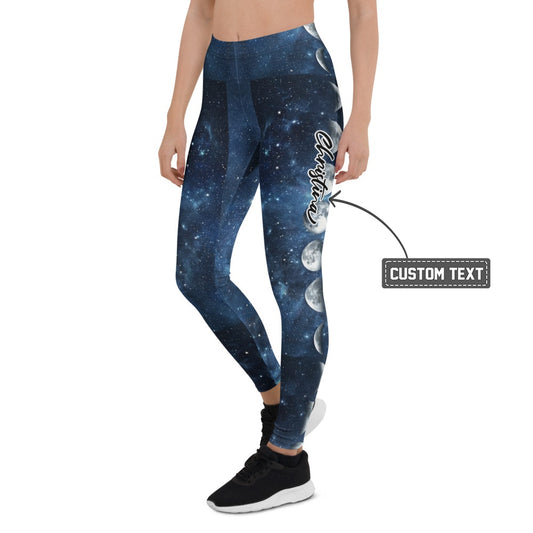 Personalisierte Damen Sportleggings Galaxy Design Blau Schwarz Weltraum Muster Fitness Leggings Mondphasen K921 - XL